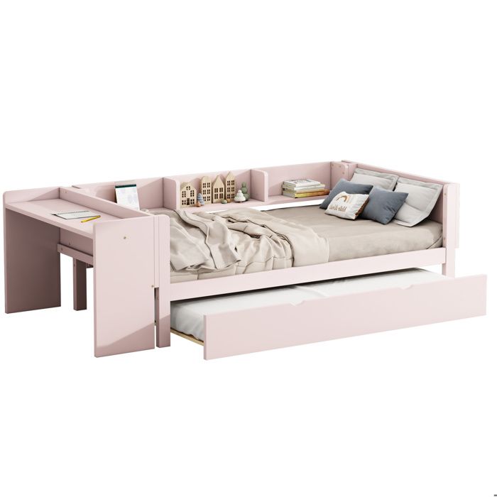 lit enfant combiné 90 x 200 cm SENVIRO avec lit gigogne 90 x 180 cm bureau intégré 3 étagères latérales en pin et MDF rose
