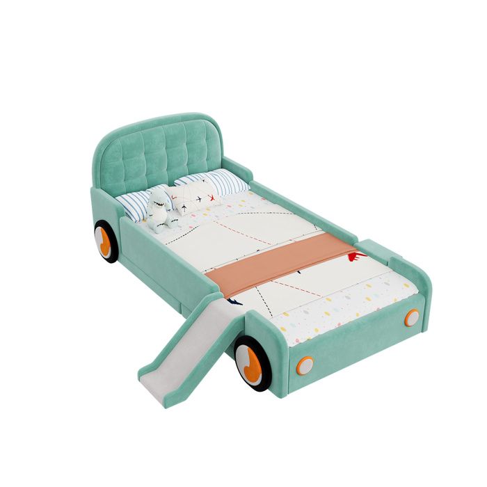 Lit enfant voiture avec toboggan et escalier 90 x 200 cm velours bleu-vert montage gauche ou droite lit rembourré