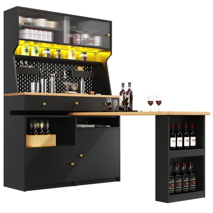 Armoire Haute 137x74x177.7cm Noir Multifonction Bureau Table Bar LED Pilotable App Portes Vitrées Étagères Réglables Panneau Perforé Armoire Haute 137x74x177.7cm Noir Multifonction Bureau Table Bar LED Pilotable App Portes Vitrées Étagères Réglables Panneau Perforé