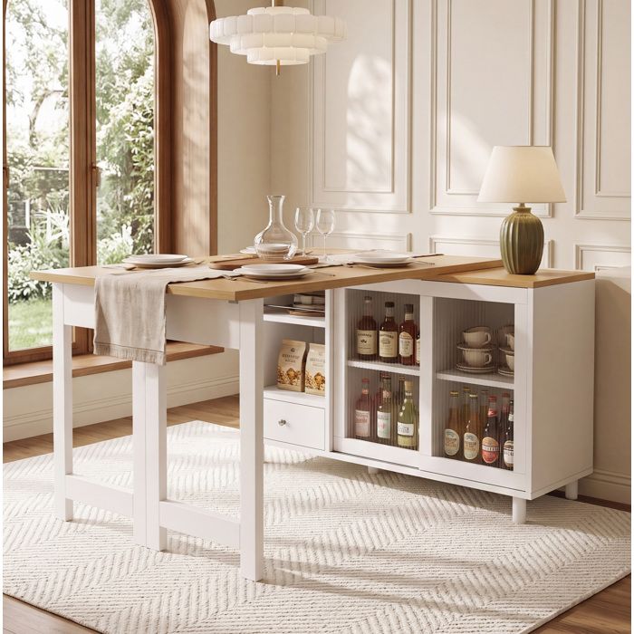 ULEVR Table à manger extensible et pliante avec rangements MDF blanc et bois naturel verre dépoli