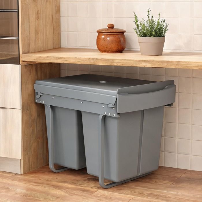 Poubelle coulissante sous plan 40 L 2 bacs 20 L amovibles métal et plastique soft gray pour cuisine