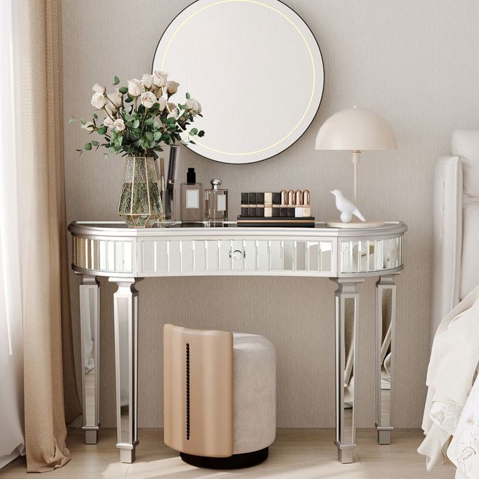 Table console - WESTYLE - 120 cm demi-lune - verre rainuré effet miroir - 1 tiroir bouton cristal - bords arrondis