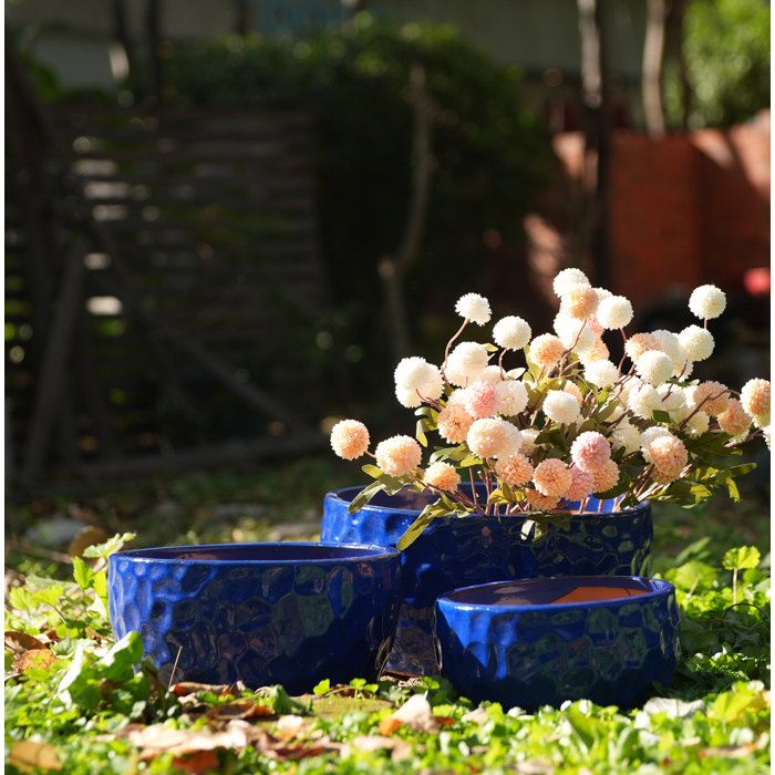 Lot de 3 pots de fleurs en céramique bleu antique texture martelée intérieur extérieur
