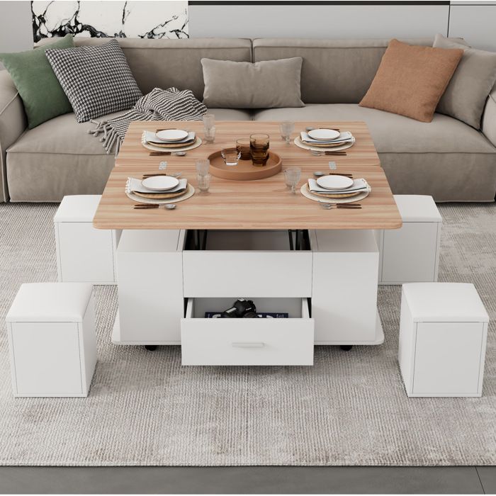 Table basse relevable et extensible AESVAR 4 tabourets rangement blanc et bois naturel 100 x 50 cm
