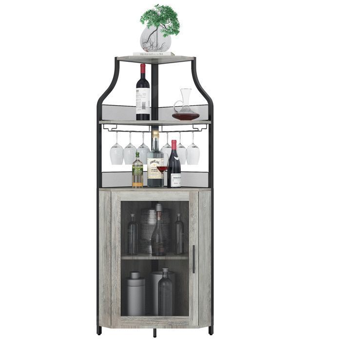 Meuble bar d’angle - 5 niveaux - porte grillagée en maille - casier à bouteilles amovible - Industriel - 47 x 34 x 154 cm