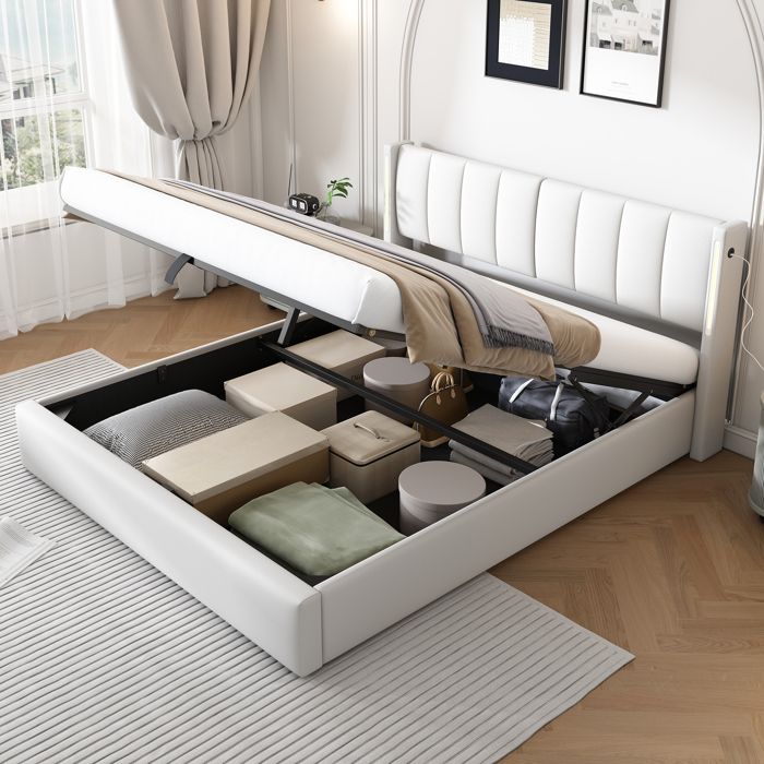 Lit double rembourré 160x200 cm en similicuir PU coloris blanc ports USB coffre relevable sommier à lattes sans matelas