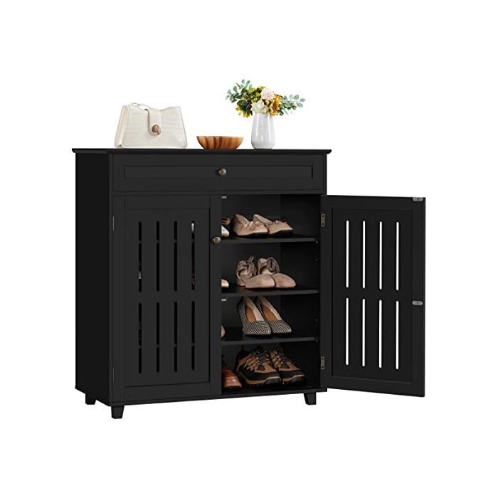 Meuble à chaussures - YAHEETECH - 4 niveaux - 1 tiroir - Portes persiennes - Noir - 78x37x86 cm Meuble à chaussures - YAHEETECH - 4 niveaux - 1 tiroir - Portes persiennes - Noir - 78x37x86 cm