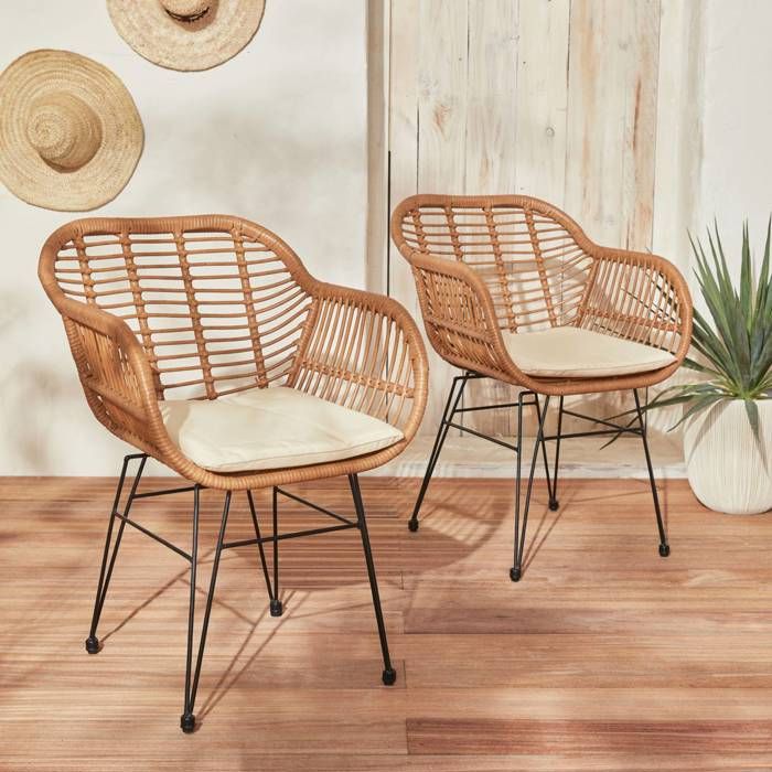 fauteuils effet bambou - résine et métal noir - style colonial - assise beige - lot de 2