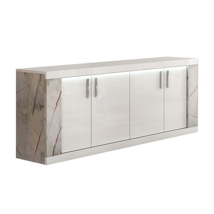 EROS - Buffet 4 Portes Blanc Eclairage Led intégré avec Décor Latéral Aspect Marbre