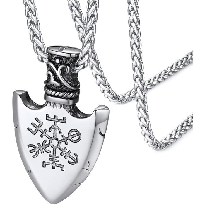 Collier Viking Vegvisir Homme - Pendentif Bouclier Flèche Nordique Rune Acier Inoxydable Or Noir Avec Chaîne 55+5cm