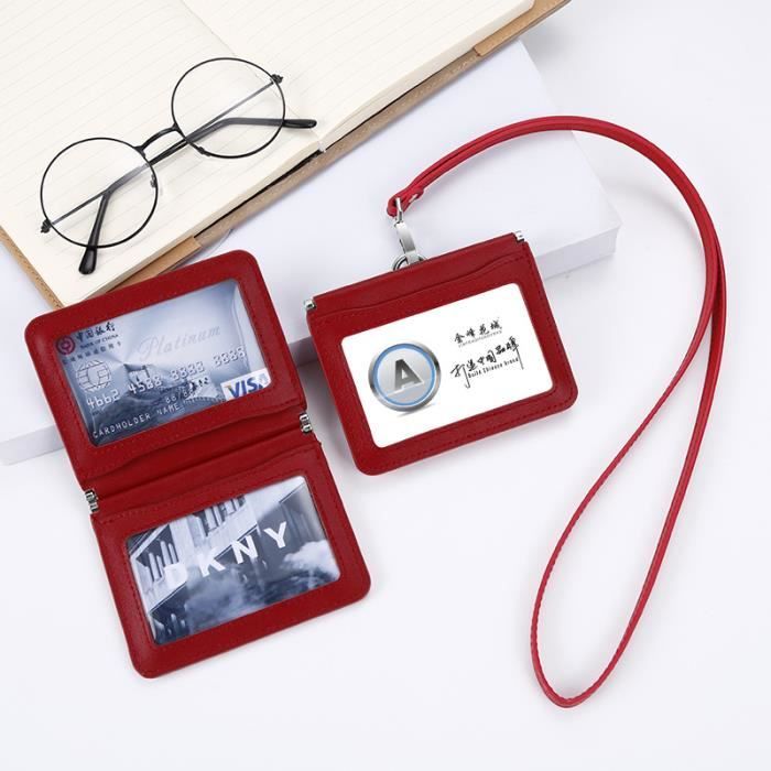 Porte-badge En Cuir Véritable - Fenêtre Transparente + 3 Fentes Cartes - Cordon Réglable - Professionnel