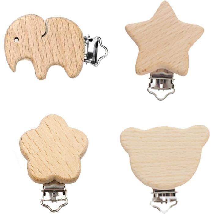 Attache Tétine En Bois - Lot De 4 Clips Mignons | Pour Bébé | Fixation Sécurisée Sur Vêtements | Animaux Et Formes Fun