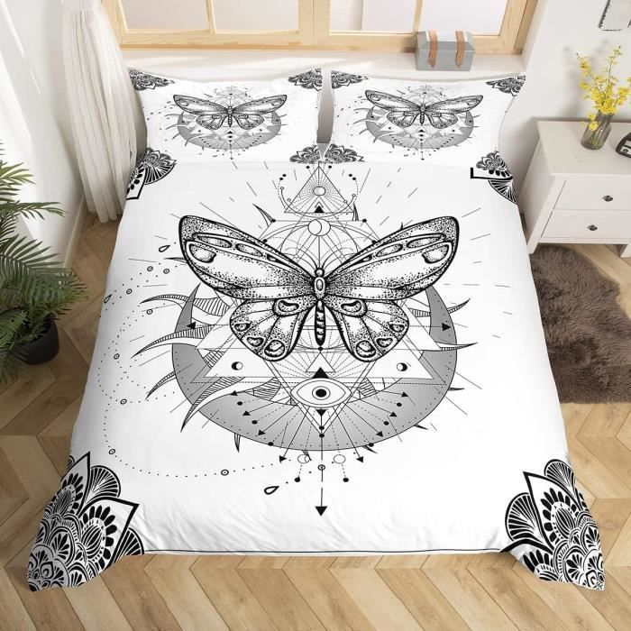 Parure Drap Housse 90x190 + Drap Plat + Taie - Motif Papillon Rêveur - Microfibre Doux Anti-Plis - Bonnet 40 Cm - Lit 1 Personne