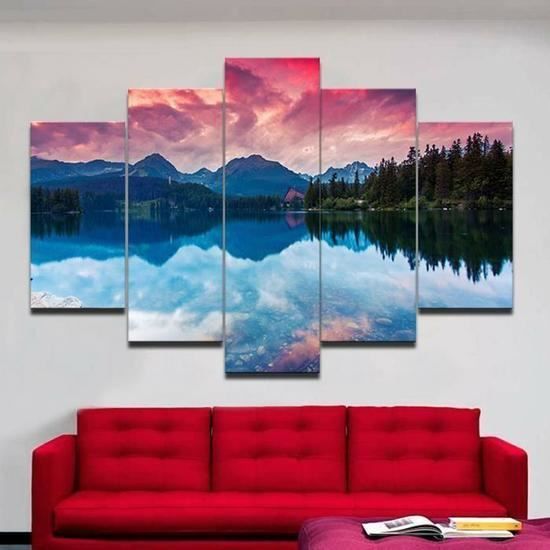 5 pièces beau lac reflet moderne mur de montagne peinture paysage toile art  sans cadre maison deco grande peinture HD - Achat / Vente objet décoration  murale - Cdiscount