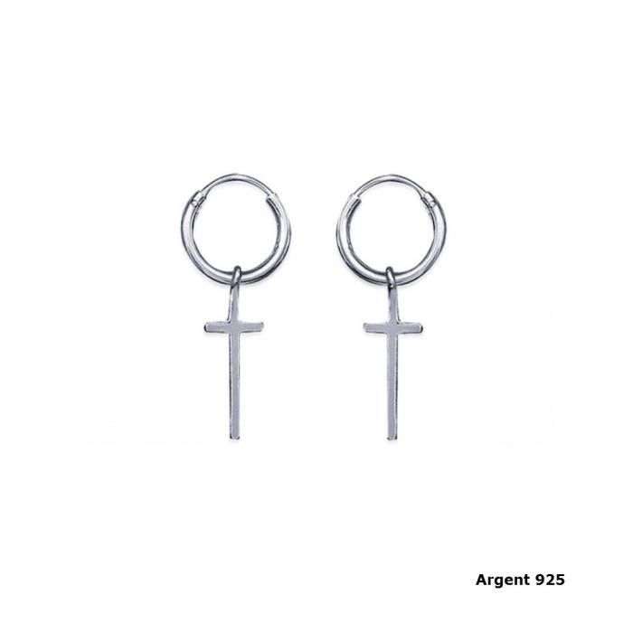 Boucles D'oreilles Créoles Croix En Argent 925 - Diamètre 1,2 Cm - Neuves Avec étiquettes