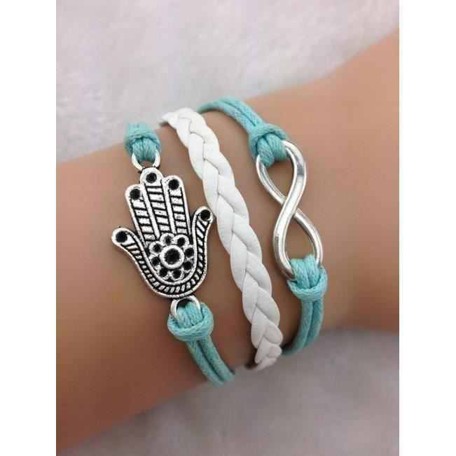 Bracelet - Marque inconnue - Main de Fatma et lien infini - Turquoise - Argent - Blanc