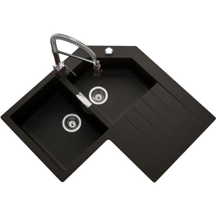 Evier D Angle Granit Noir Lokti 2 Bacs 1 Egouttoir Cdiscount Bricolage