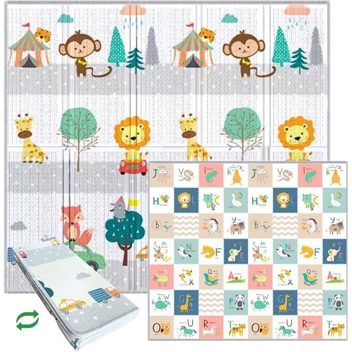 Tapis De Jeux Bebe De Motricité 180x200 Cm, Pliable, Reversible Et Lavable - Bords Cousus Pour