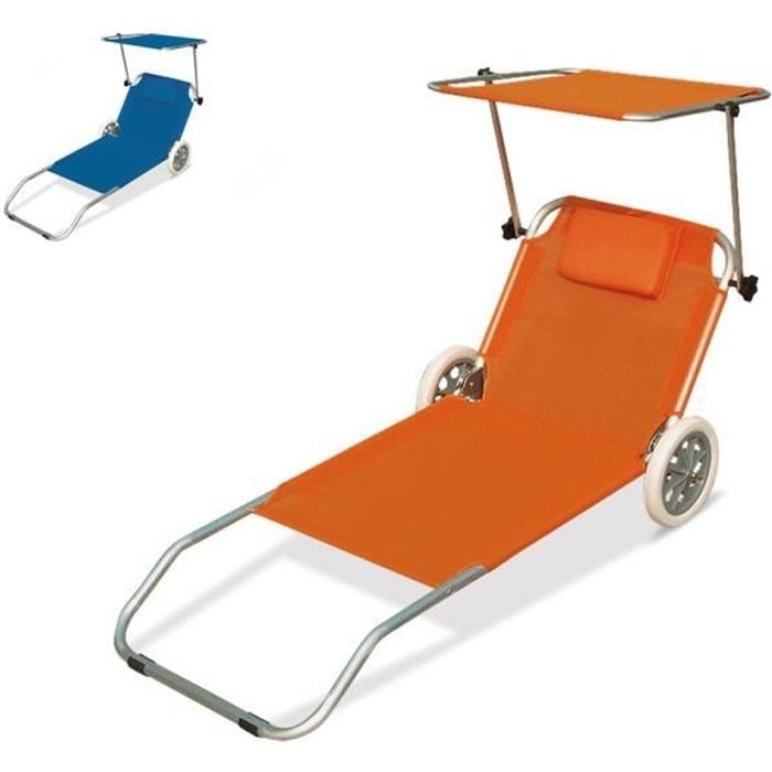 lit de plage aluminium pliant bain de solat roues pare soleil bananaeil trans, couleur: orange