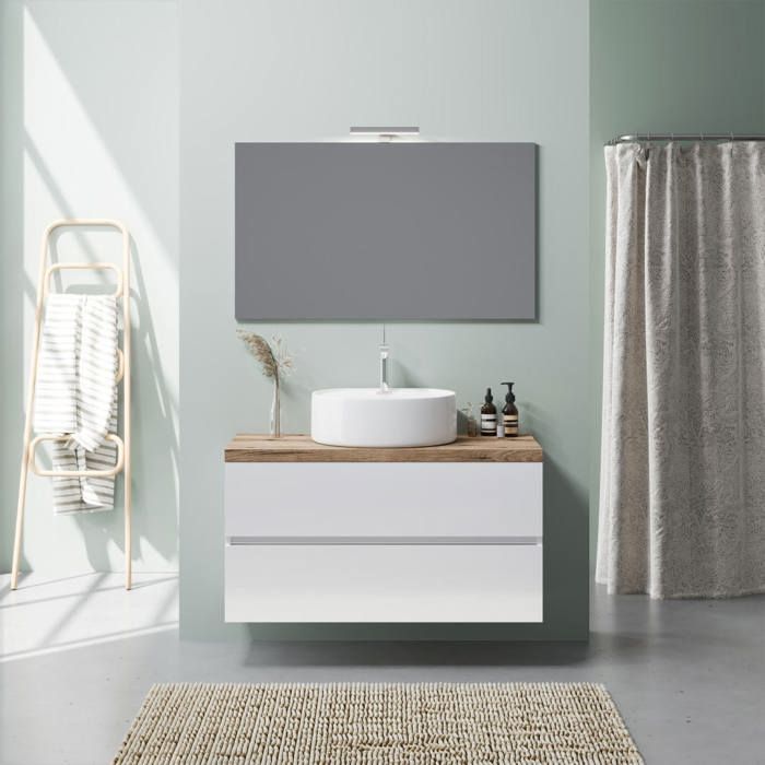 MEUBLE SALLE DE BAINS À SUSPENDRE 100 CM CHÊNE BLANC BRILLANT VASQUE À POSER ELBA