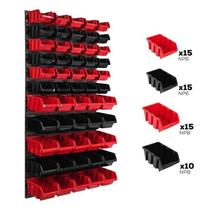 Étagère murale - BOTLE - 58 x 117 cm - Rouge et Noir - 55 boîtes empilables