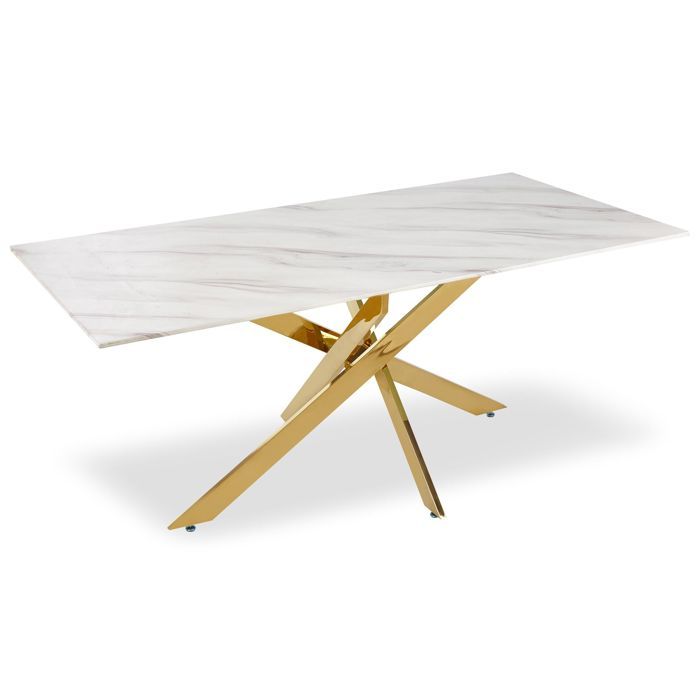 MENZZO Table à manger Naelle en Verre effet Marbre Blanc et pieds Or