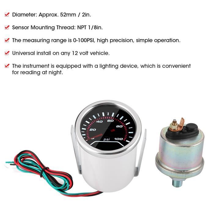 Manomètre Pression Huile Numérique 52mm GoolRC - LED 9-35V - Capteur 1/8NPT - Alarme Intégrée