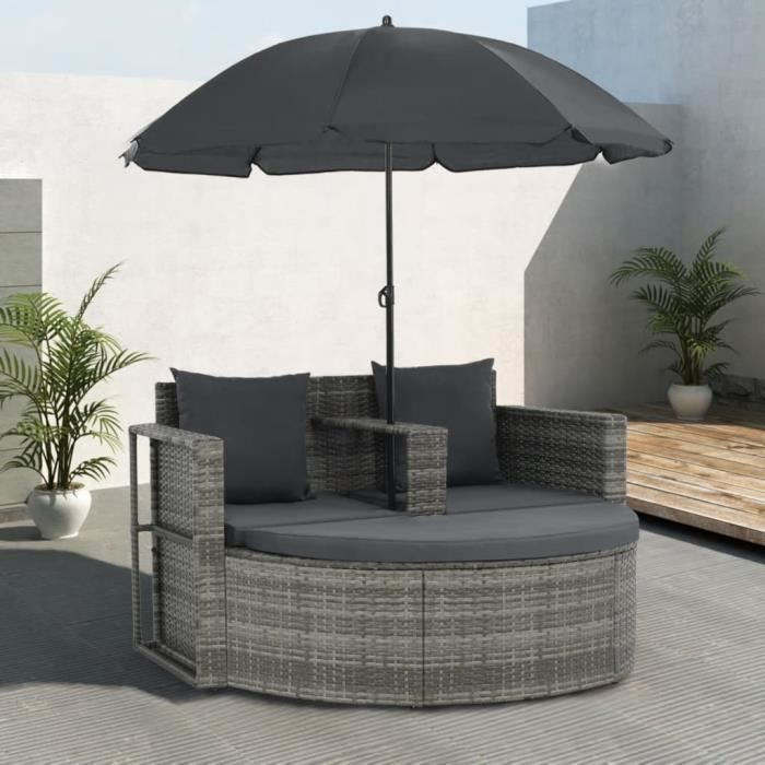 CHAISE LONGUE - TRANSAT - Canapé de jardin 2 places avec coussins et parasol Gris - YW Tech DIO7380740135389