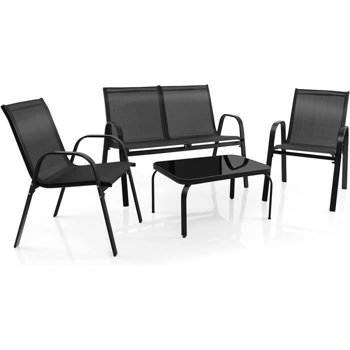 GOPLUS 4 Pcs Ensemble de Salon de Jardin avec 3 Chaises en Textilène et Table Basse en Verre Trempé pour Jardin Terrasse