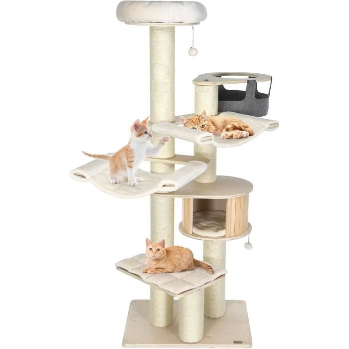 Comparer les prix de GOPLUS Arbre à Chat 197cm en Bois, Hamacs Pivotant 200°, Arbre à Chat avec Griffoirs en Sisal, Coussins Lavables, Blanc Crème