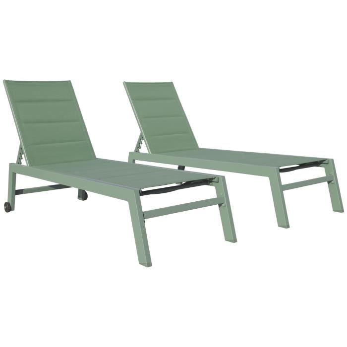 lot de 2 bains de soleil barbados en textilène vert sauge - aluminium vert sauge vert