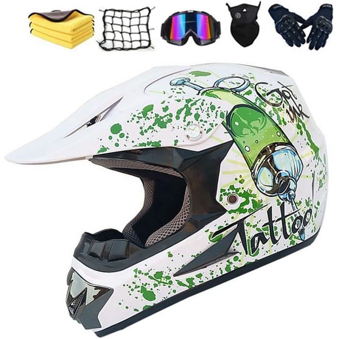 Casque Moto Enfant Intégral Motocross + Accessoires (Lunettes, Gants, Masque, Filet) – Rouge Araignée (Taille S)