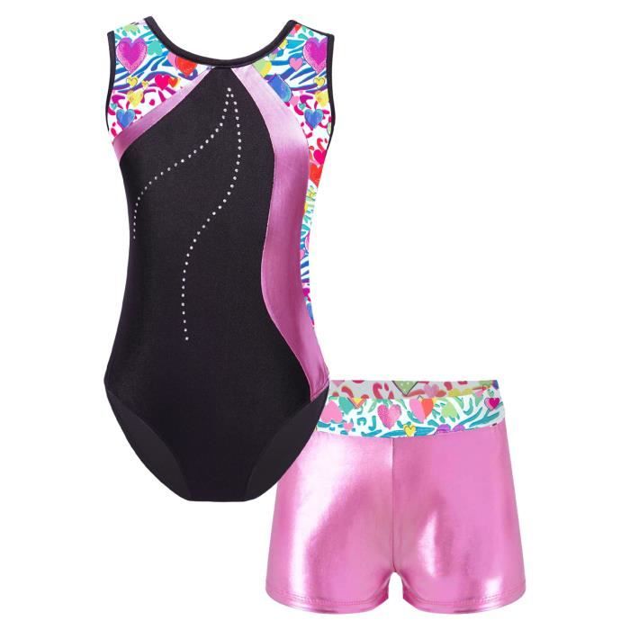 Iixpin Enfant Fille Justaucorps Gymnastique Métallique Strass Leotard Danse Manches Longues 4-12