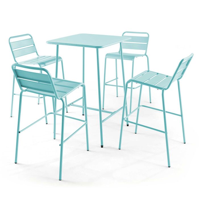 Ensemble table de bar et 4 chaises hautes en métal turquoise Palavas Oviala