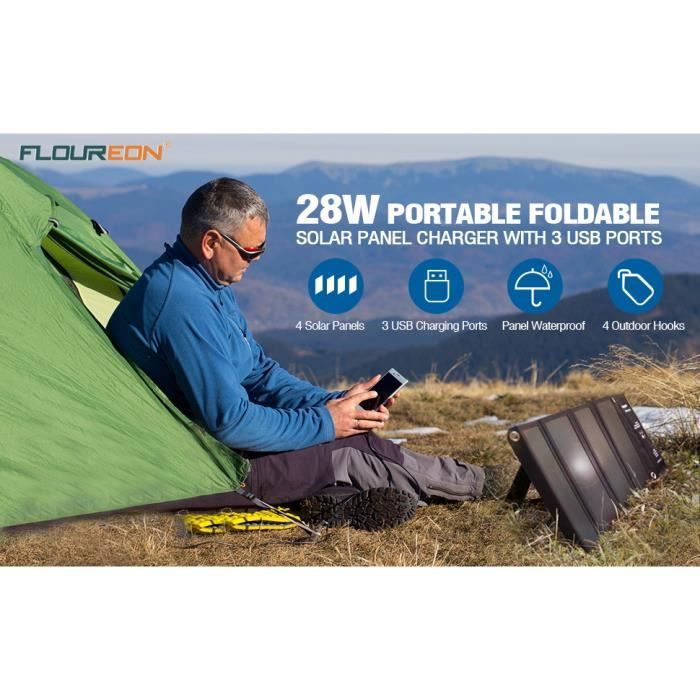 Panneau Solaire Portable 28W – Silicium Monocristallin, Rendement 25%, étanche IP65, Pliable – Camping, Rando, Sac à Dos – Jaune Fluorescent