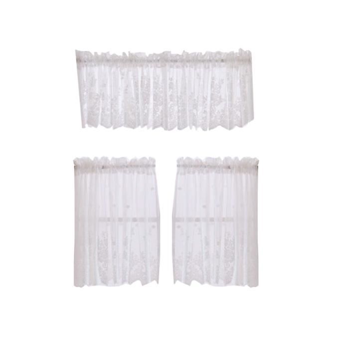 Rideau De Cuisine Court Demi-Fenêtre – Dentelle Brodée Fleurs Roses + Nœud Papillon, Voilage Blanc 90x100 Cm