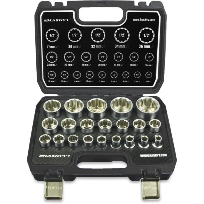 Jeu De 21 Douilles 1/2" HASKYY - 8-36mm 12 Pans - Acier CRV - Mallette EVA - Pour Professionnels Et Bricoleurs