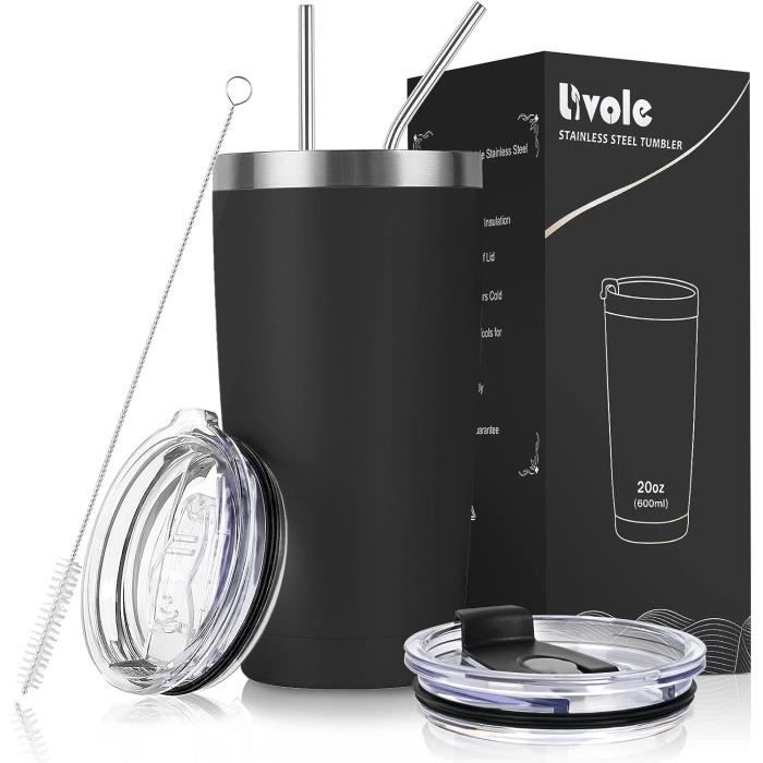 Mug Isotherme Café Réutilisable - 480Ml Noir I Tasse Thermos À Emporter Couvercle Poignée I