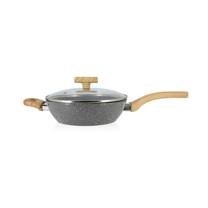 Sauteuse - MENASTYL - 24 cm - Cannelle - Avec couvercle en verre - Poignées bois clair