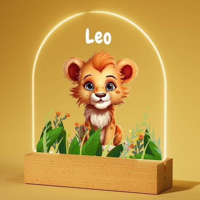 Veilleuse LED Murale Lion Personnalisée - Bois Gravé Avec Prénom | Déco Enfant 51x35cm | Multiple Couleurs Disponibles | Cadeau Naissance, Baptême