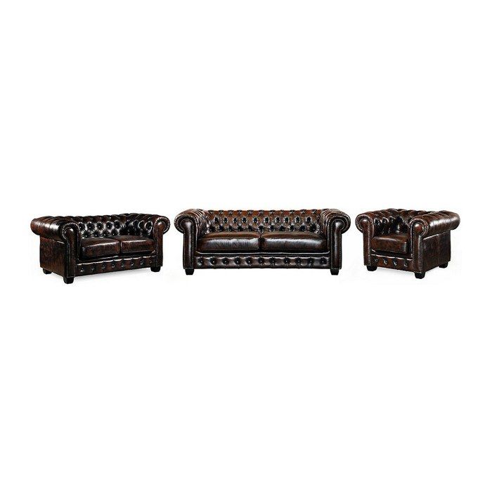 Canapés chesterfield 3 places 2 places et un fauteuil BRENTON 100% cuir de buffle - Marron reflets châtains