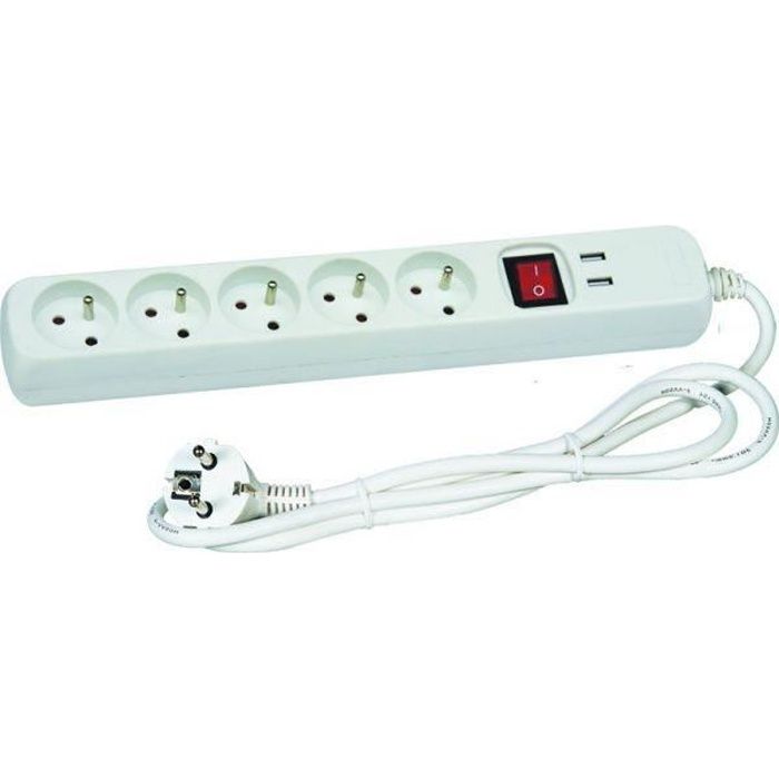 VOLTMAN Bloc blanc 5 prises 2 Pôles + terre + 2 ports USB - Avec interrupteur