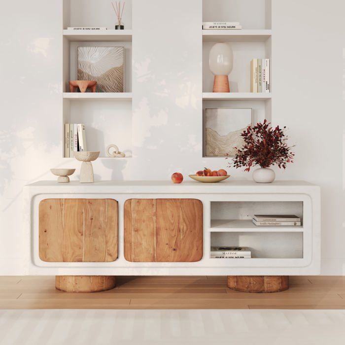 Meuble TV Eden en béton blanc cassé et bois d'acacia Cdiscount Maison