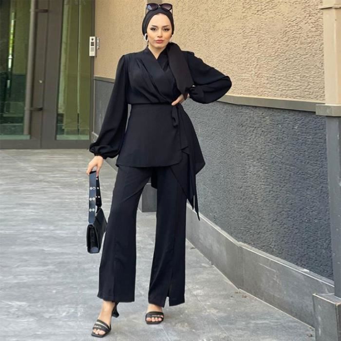Ensemble de Vetements Femme Decollete en V a la mode taille cintree dentelle fente jambe large decontracte Noir xumengxin