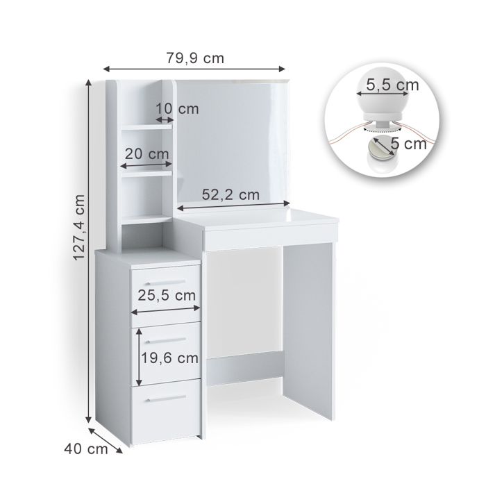 Coiffeuse "Azur" blanc/brillant + banc & miroir