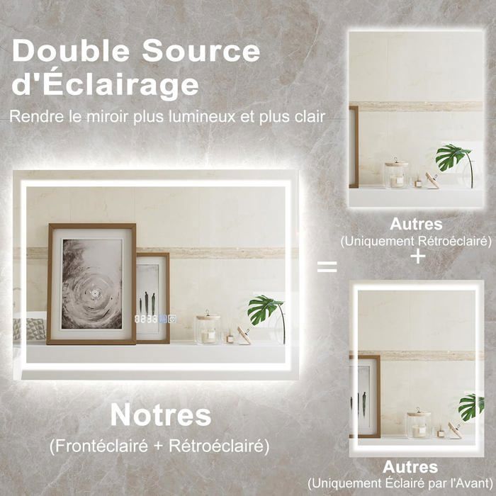 Miroir De Salle De Bain LED Anti-Buée 60x40 Cm - 3 Couleurs Lumière, Affichage Heure/Température - GOPLUS