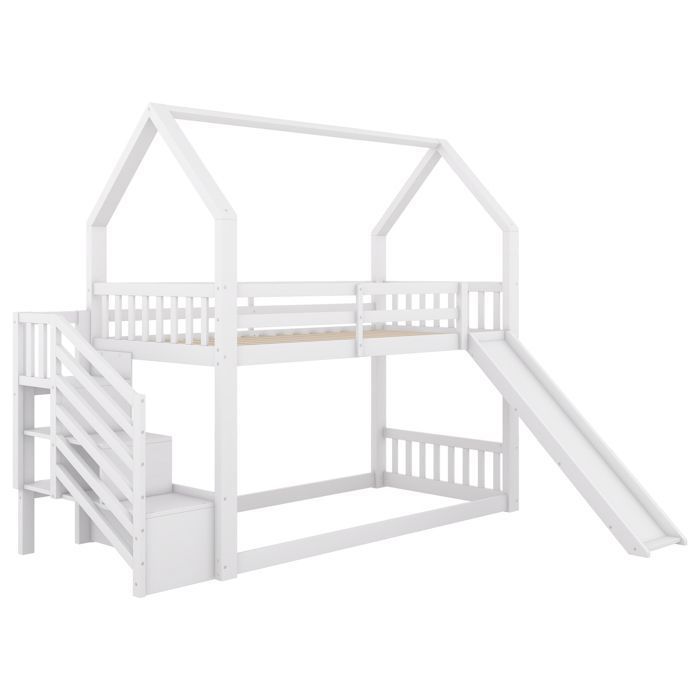 Lit Superposé Cabane Avec Toboggan - 2 Tiroirs, 90x200cm + 120x200cm | Lit Enfant Bois Massif Blanc