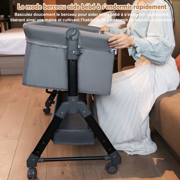 Berceau à Inclinaison Réglable Lit Cododo Bébé Avec Matelas - Gris Lin 95x50x98-110cm Roues 360°