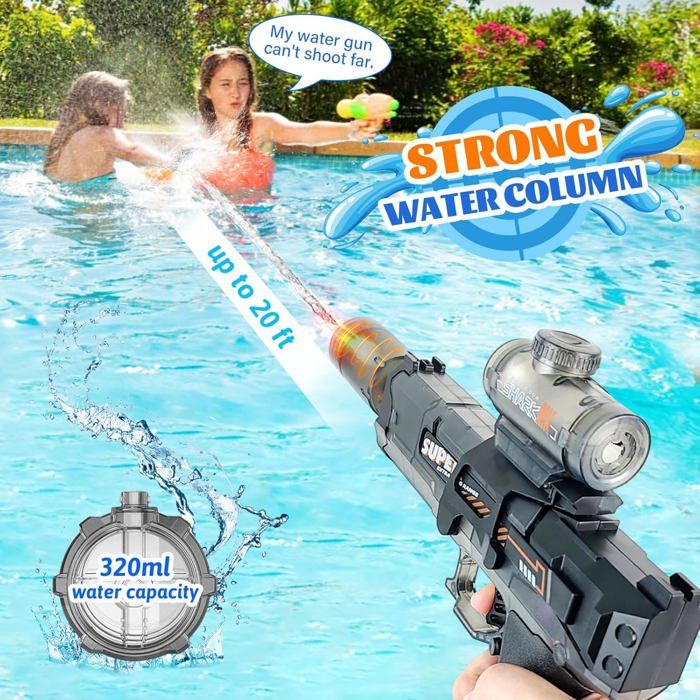 Pistolet à Eau Électrique Longue Portée 10 M Avec Lumière – Rechargeable USB, Réservoir 320 Ml