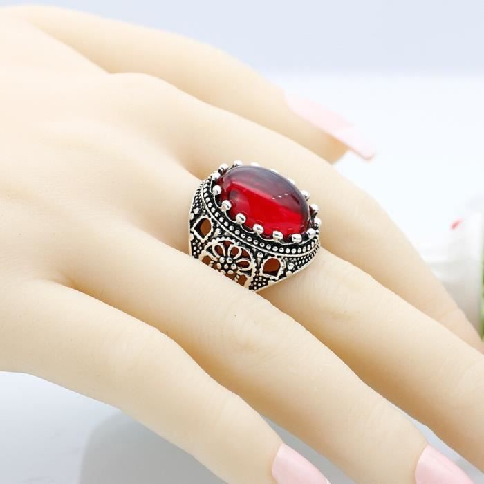 Sunspicems – bague rétro en pierre naturelle, couleur argent, rouge ...